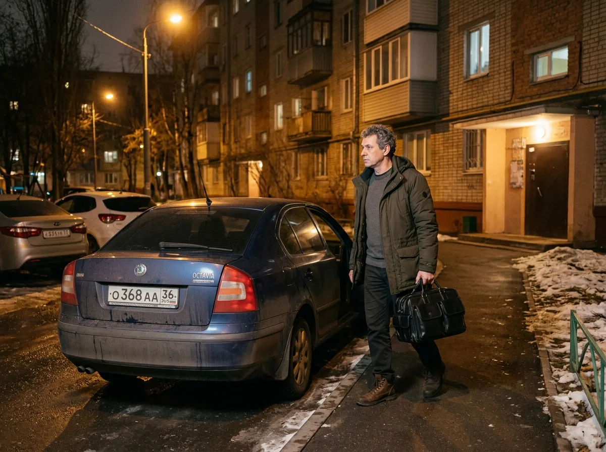 Врач-нарколог в гражданской одежде выходит из машины у жилого дома в Воронеже ночью, держит медицинский чемодан, тёплый городской свет фонарей, атмосфера срочности и заботы