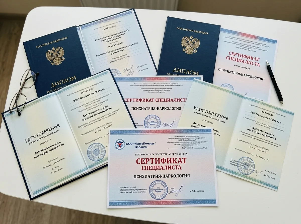 Сертификаты специалистов врачей-наркологов клиники НаркоПомощь Воронеж: дипломы медицинских вузов и сертификаты повышения квалификации по специальности психиатрия-наркология, разложены на белом фоне